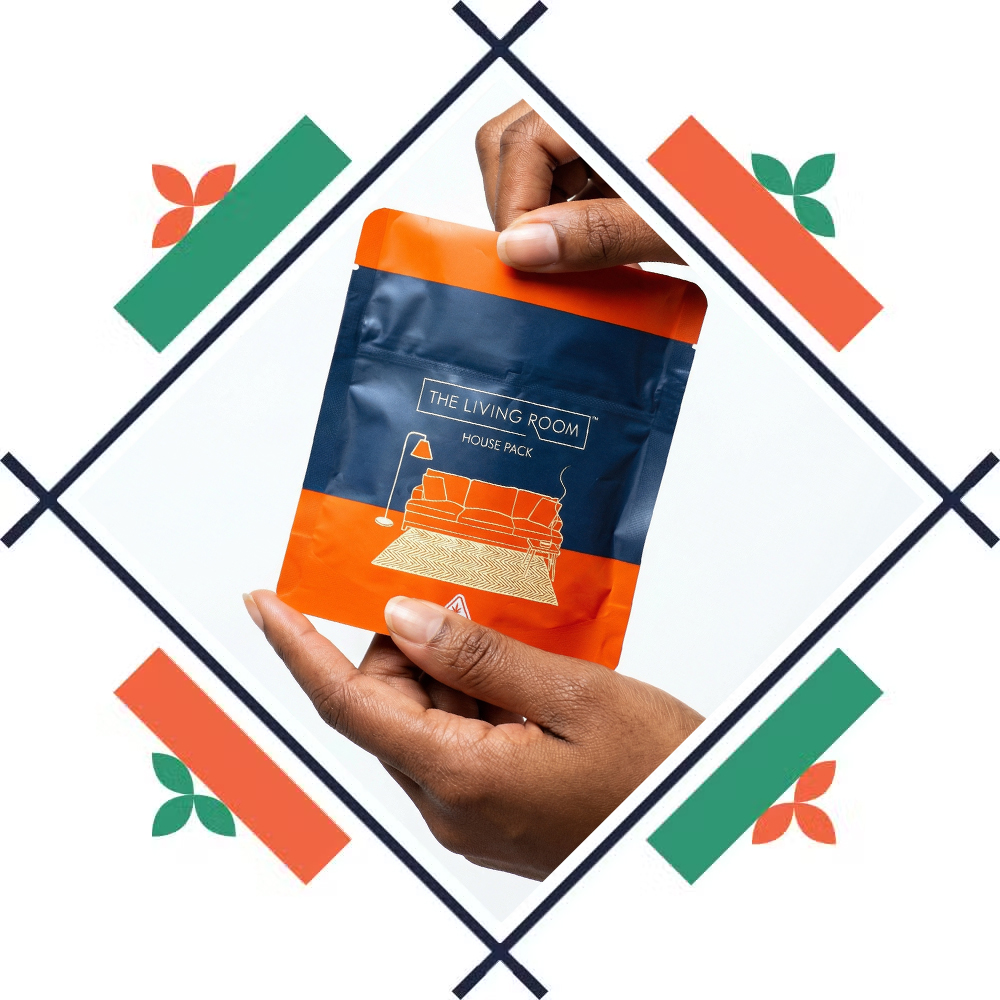 A pair of hands holds a navy blue and bright orange product pouch labeled 'The Living Room House Pack,' featuring a white line drawing of a sofa, rug, and lamp. The central image is framed by a dark diamond-shaped border, with decorative orange and green rectangular blocks and leaf motifs in the outer corners."