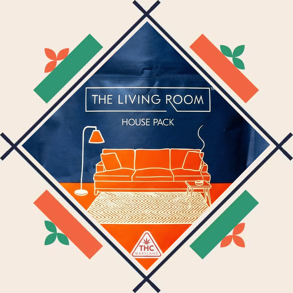 he Living Room House Pack cannabis packaging with a stylized living room illustration, including an orange couch, floor lamp, side table with smoke, and decorative geometric accents. THC Maryland symbol appears at the bottom.