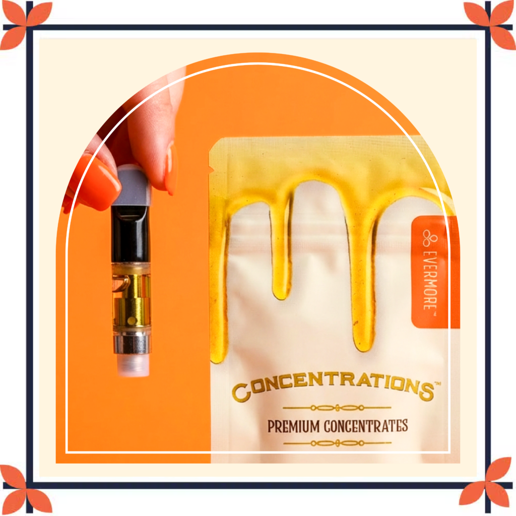 A hand with bright orange nail polish holds a cannabis vape cartridge beside an Evermore Concentrations premium concentrates package. The package features a cream-colored background with a gold dripping concentrate design and gold lettering. The image is set against a vibrant orange backdrop and framed with a cream and navy border accented by orange floral corner details, creating a retro-inspired aesthetic.